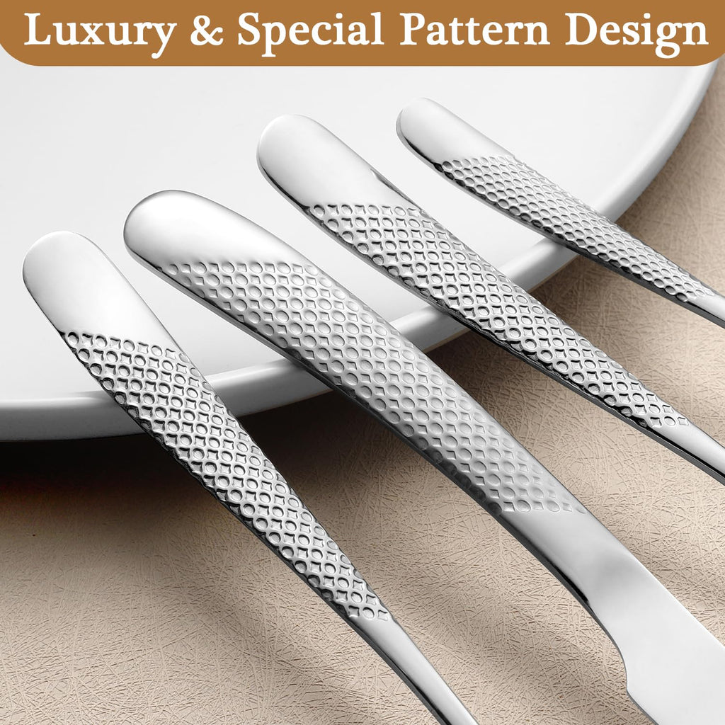 16 Piece Hammered Silverware Set for 4, Premium Food-grade Stainless Steel Flatware Set, Modern Design & Mirror