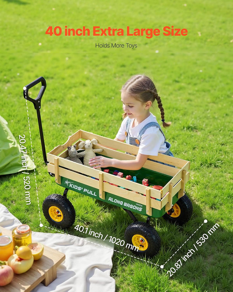 39 inch Pull Along Kids Wagon, Red Rolling Cargo Toy Wagons for Kids, Outdoor Utility Cart for Garden Beach Camping