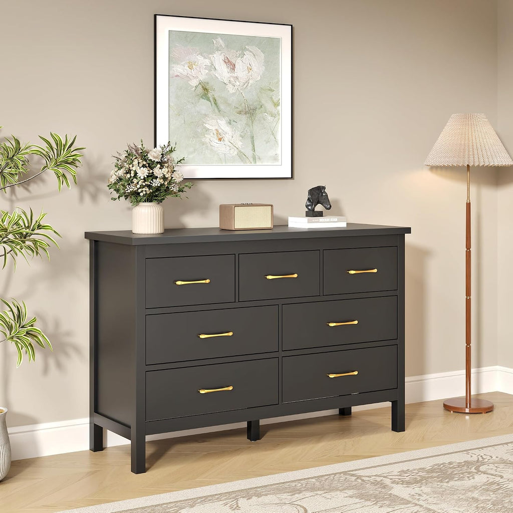 Black Dresser , 7 Drawer Wood Double Dresser with Golden Handles, Wide Chest of Organizer Storage Drawers | Black