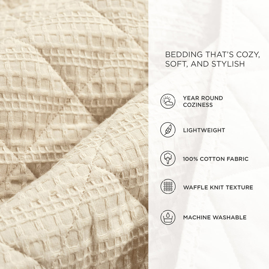 Haniya Solid Waffle Woven Textured Cotton Quilt Set, 3 Piece Set, Neutral - Soft Waffle Quilt - Neutral