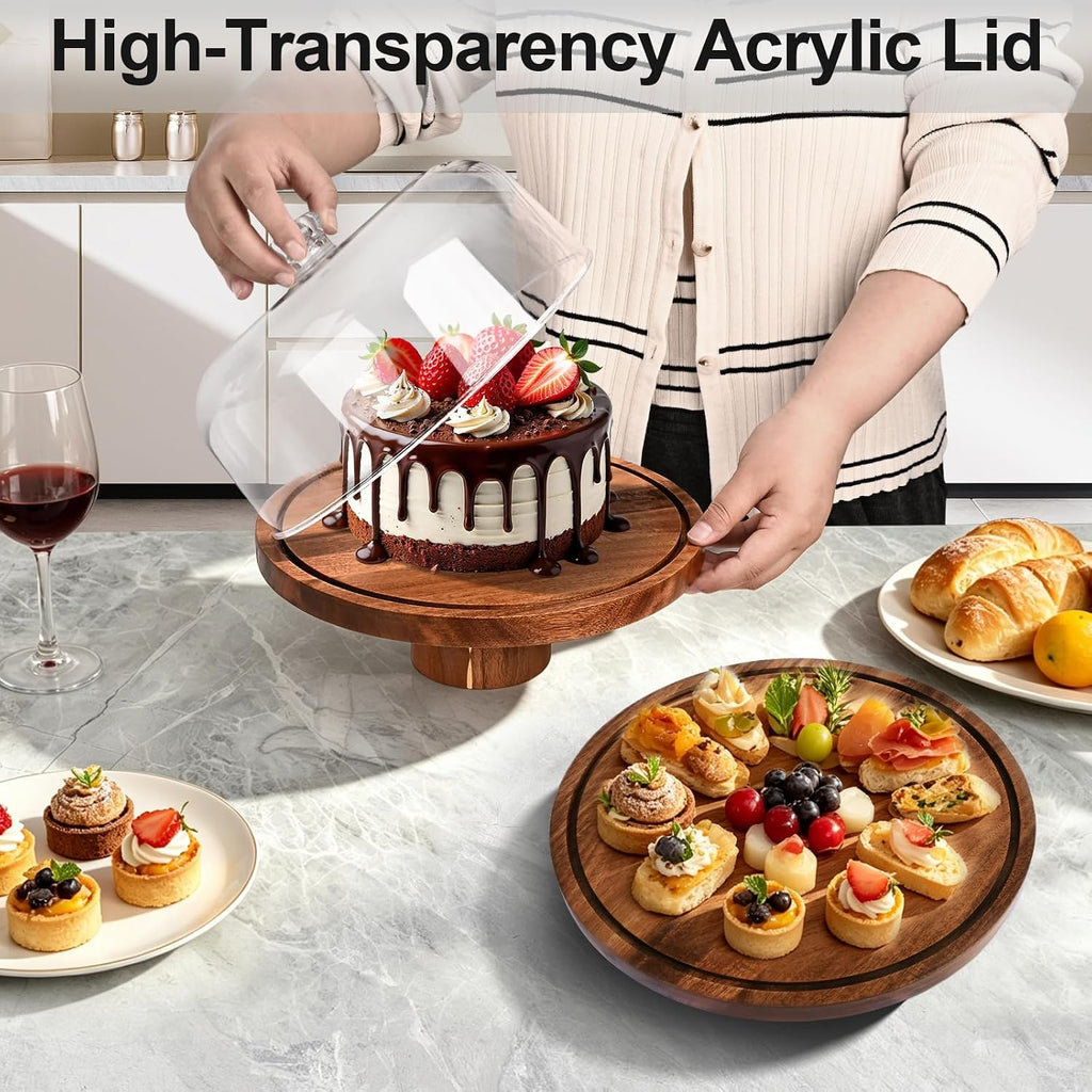 Acacia Wood Cake Stand with Lid, 12in Cake Stand with Acrylic Dome (Not Glass), 2-In-1 Cake Display Stand