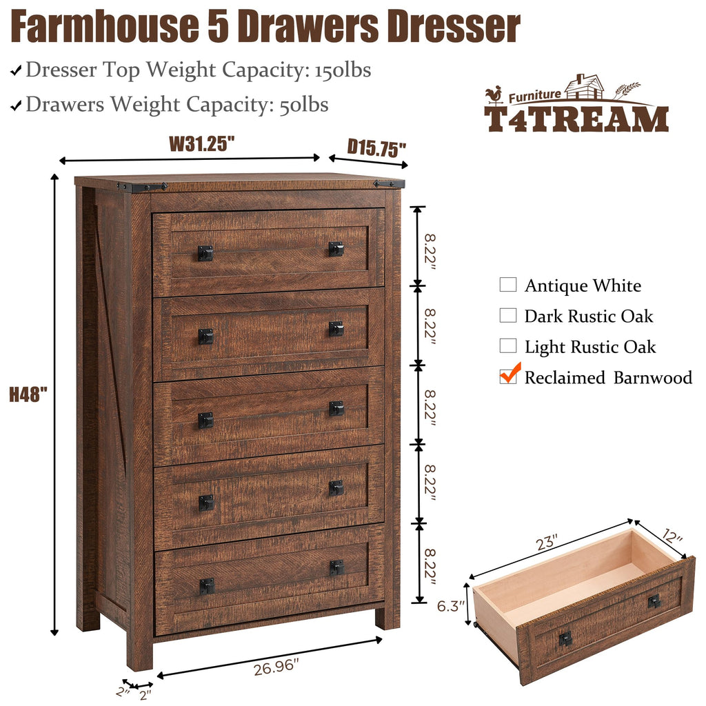 48" Tall Farmhouse 5-Drawer, Reclaimed Barnwood