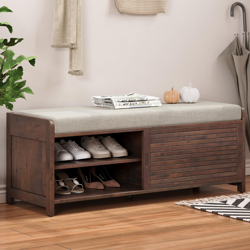 Shoe Bench with Storage and Cushion, Farmhouse Distressed Shutter Storage Bench with Retro Charm, Espresso
