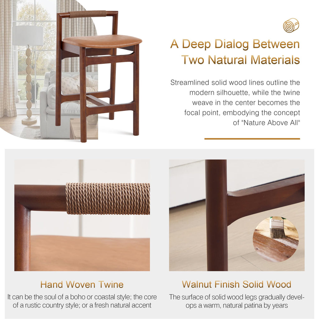 Wood Counter Stools with Woven Paper Cord Accent Back, Set of 2