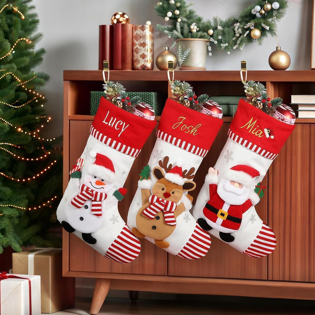 With Embroidered Name & Monogram, 3D Xmas Character Stocking 5 Pack 18" Large,Santa,Snowman & Reindeer Fireplace - Set of 5