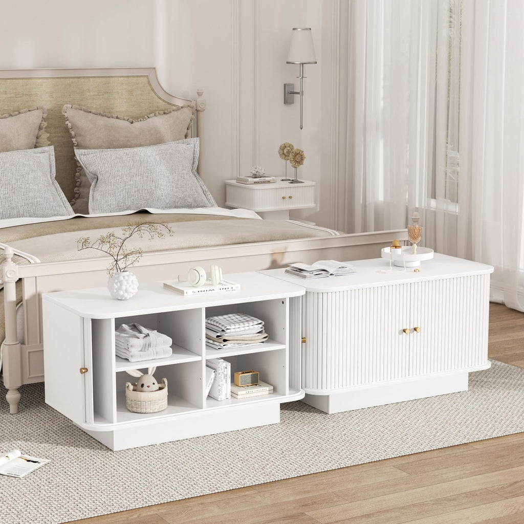 Fluted Shoe Storage Bench, 63" W Long Entryway Bench with Sliding Door, Mud Room Benches with Seat, Upholstered