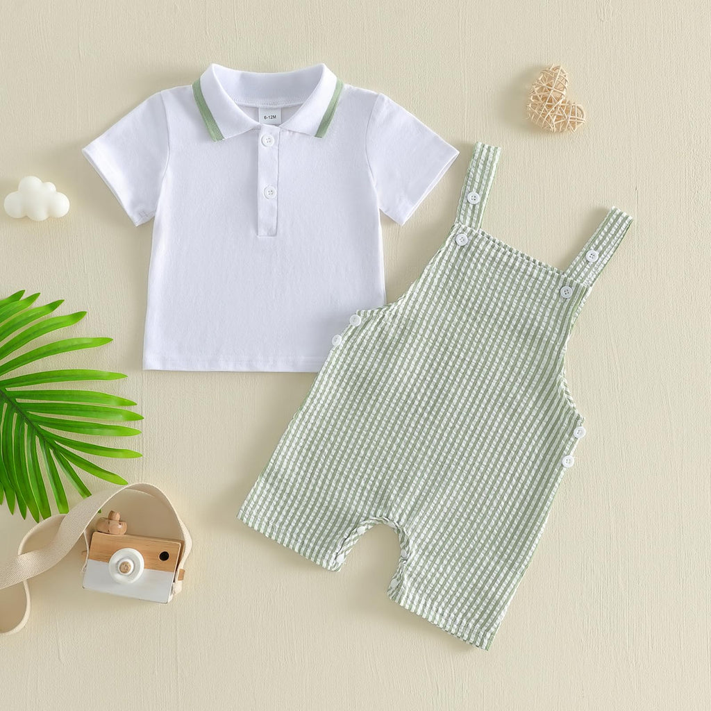 Toddler Baby Boy Clothes 2Pcs Summer Outfit Button Down Shirt & Stripe Shortall Romper Overall Sets