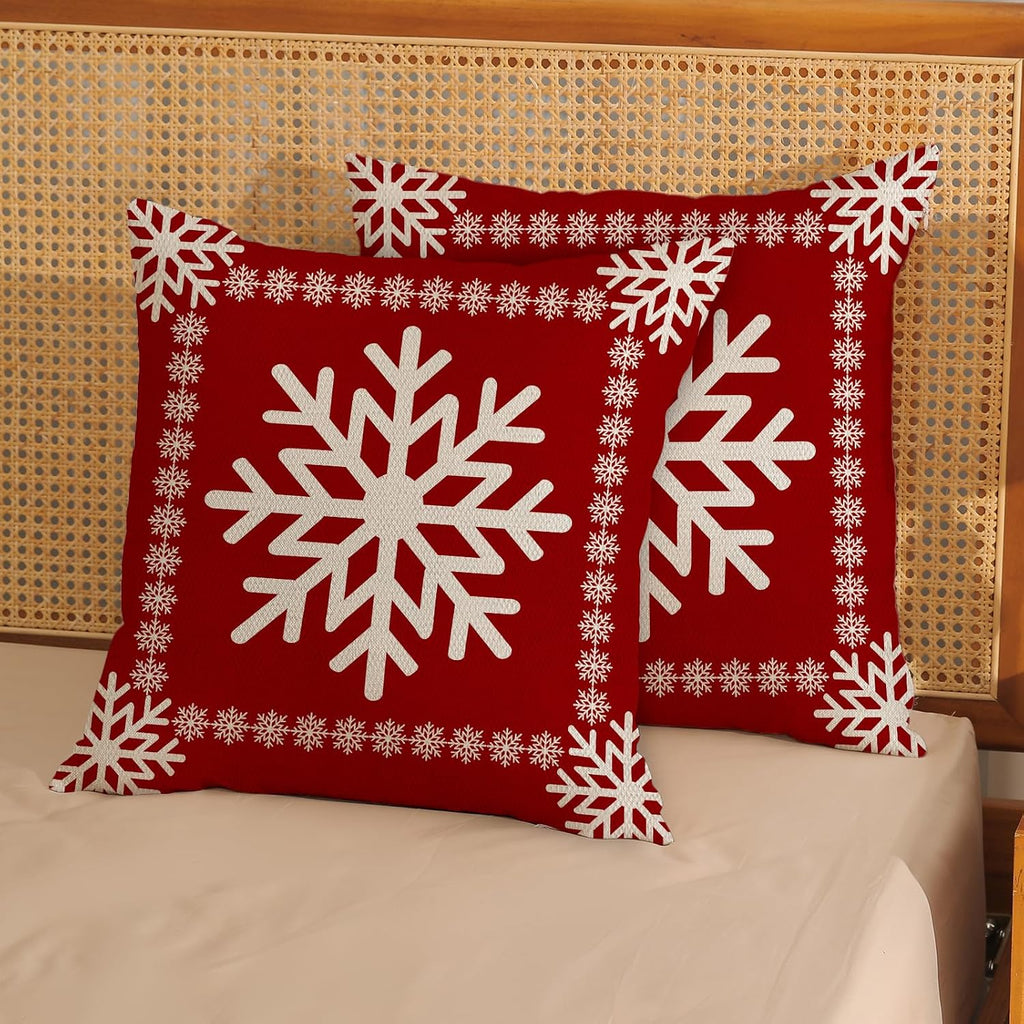 Christmas Pillow Covers - 20x20 Winter Snowflake Pillowcases - Red Throw Pillows - Farmhouse Holiday Linen - Set of 2