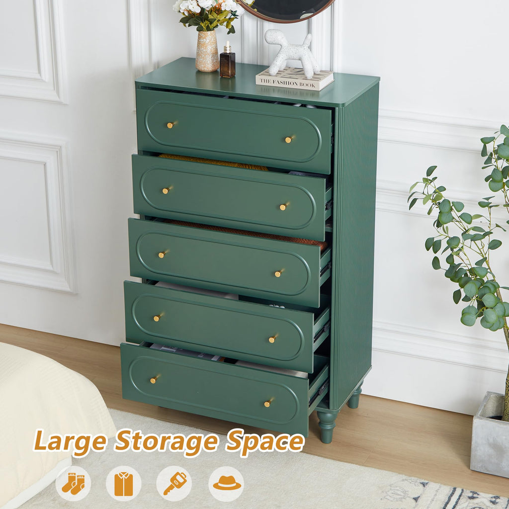 Fluted 5 Drawer Dresser, Mid Century Modern Chest of Drawers, Wood Storage Large Dresser Organizer Living Room