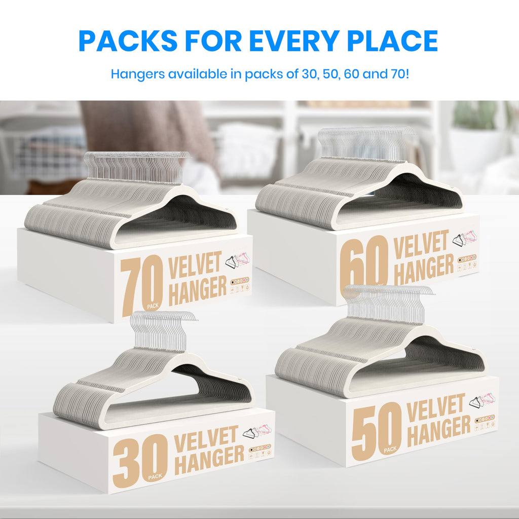 Velvet Hangers 70 Pack, Non-Slip Clothes Hangers with Shoulder Notches, 360° Swivel Hooks, Heavy Duty Standard Hanger