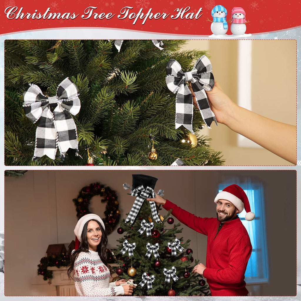 13 Pcs Christmas Tree Topper Hat Buffalo Plaid Bows, Chic Pattern