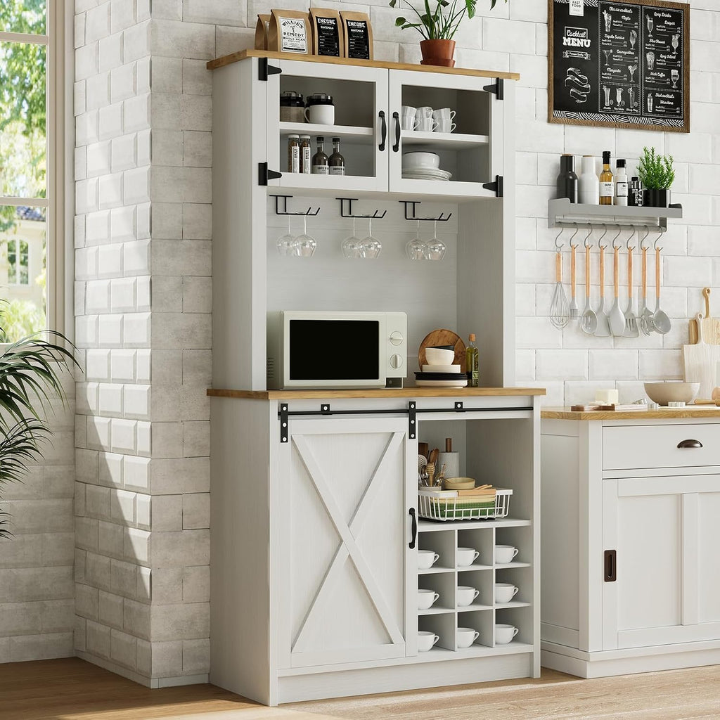 72" Farmhouse Coffee Bar Cabinet with Sliding Barn Door, White | Coffee Bar with Wine Rack, Ample Storage, Hooks and