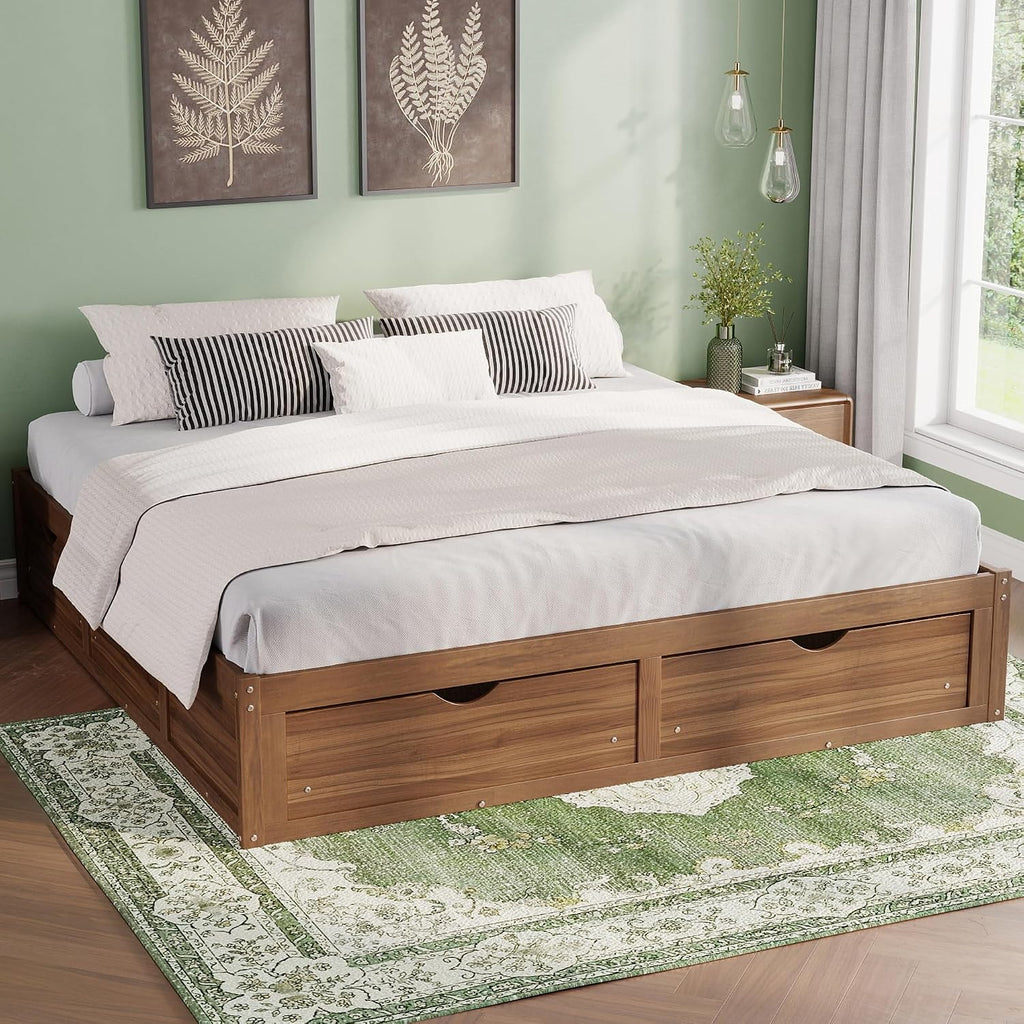Japanese King Wood Bed Frame with 6 Storage Drawers