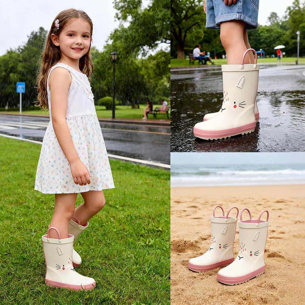 Toddler and Kids Rain Boots with Easy-On Handles, Unisex-Child Waterproof Rubber Rain Boots in Fun Patterns for Girls