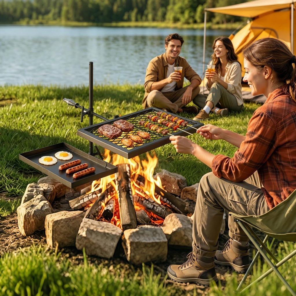 Heavy Duty Swivel Campfire Grill, Double Layer Portable Camping Grill Grate & Griddle, Sturdy Steel BBQ Mesh, 360°