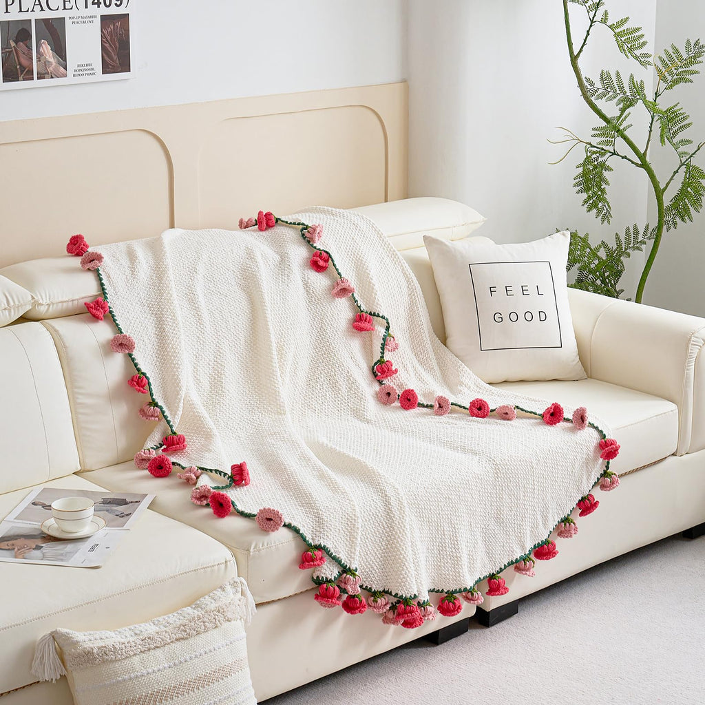 Crochet Flower Bouquet Throw Blanket, Handmade Knitted Blanket with Flowers, Cute Romantic Gift for Her Girlfriend