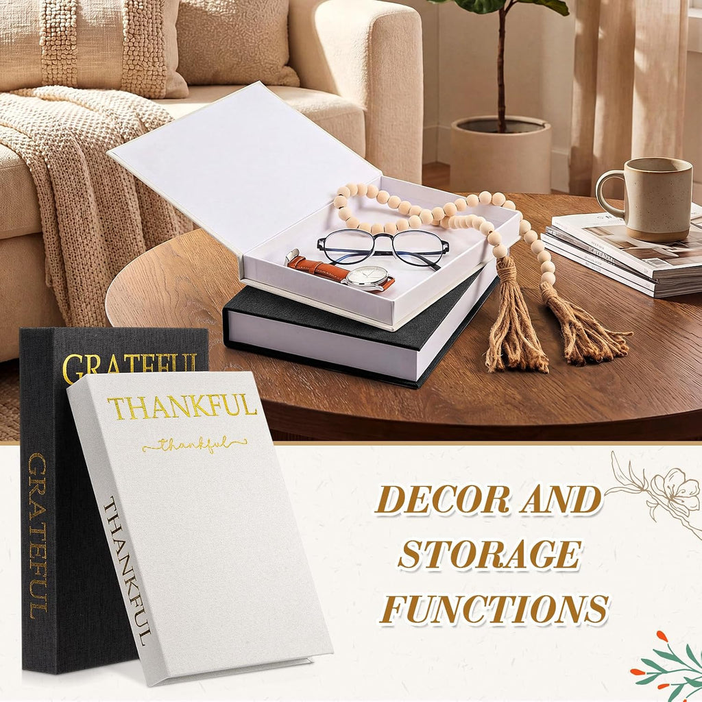 Linen Decorative Books with Wooden Beaded Garland Tassel Elegant Linen Books Aesthetic Gold Foil Fake Book - Set of 2