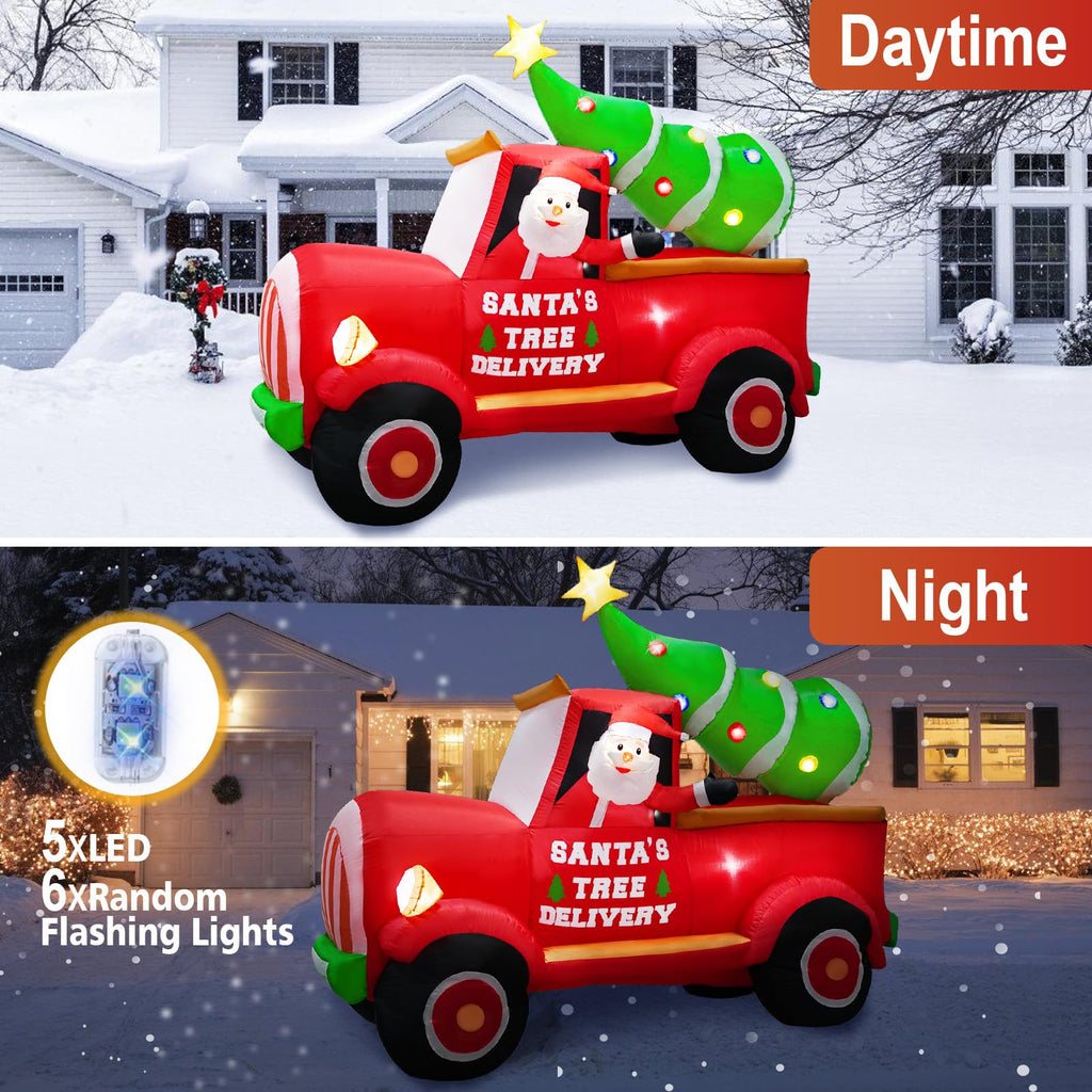 7FT Length Christmas Inflatable Santa Driving Truck with Christmas Tree Decoration, Xmas Blow Up Santa Inflatables