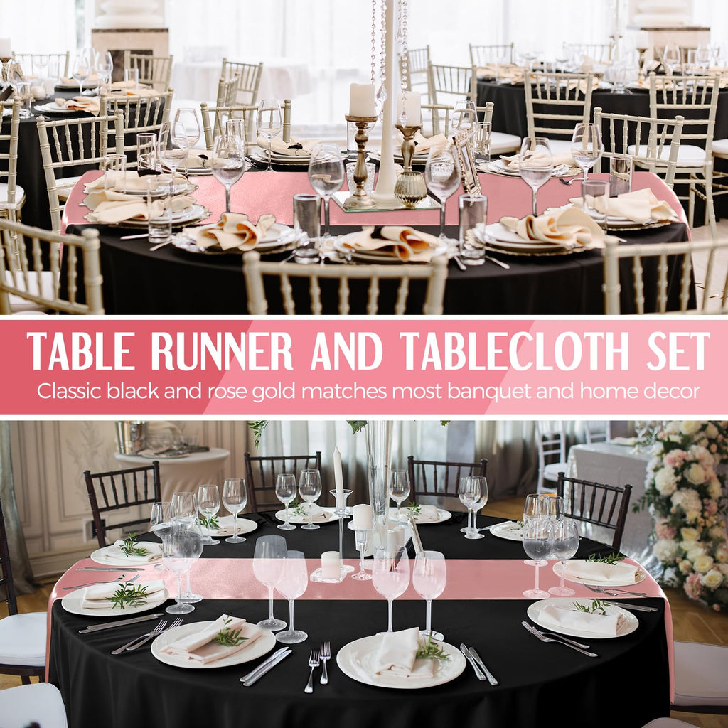 8 Pcs Black and Rose Gold Round Tablecloth and Satin Runner Set