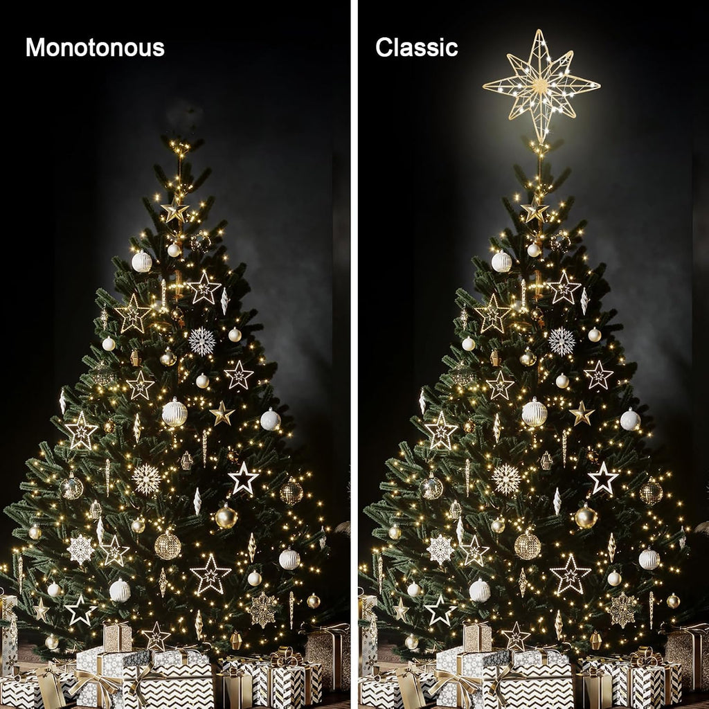 Christmas Tree Topper, 11 Inches Lighted Gold Glittered 8-Point Star Tree Topper, 30 LED Sparkling Tree Toppers