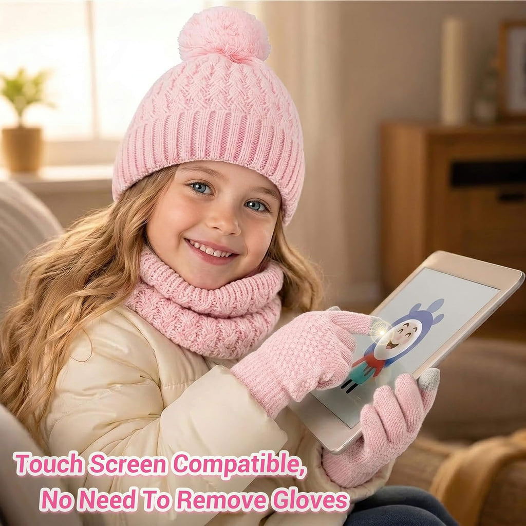Kids Winter Hat Gloves Scarf Set, Unisex Children Beanie Hat with Pom