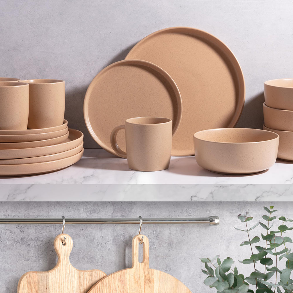 Terra Stoneware Dinnerware Set, Artisanal Ceramic Plates and Bowls Set Crafted at 2300°F - Service for 4, Terracotta
