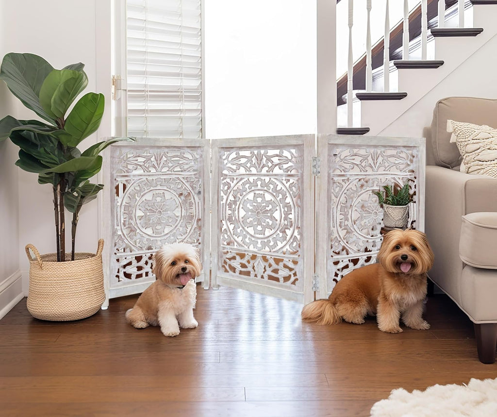 Wooden Foldable Pet Dog Gate - Hand Carved 3-Panel 60 W x 24 H
