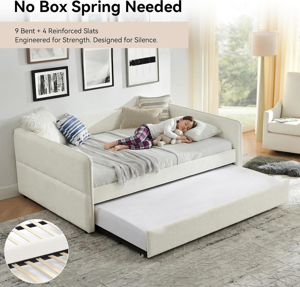 Full Daybed with Pop Up Trundle, Boucle Upholstered Daybed with Trundle, Full to King Expandable Day Bed with Wood