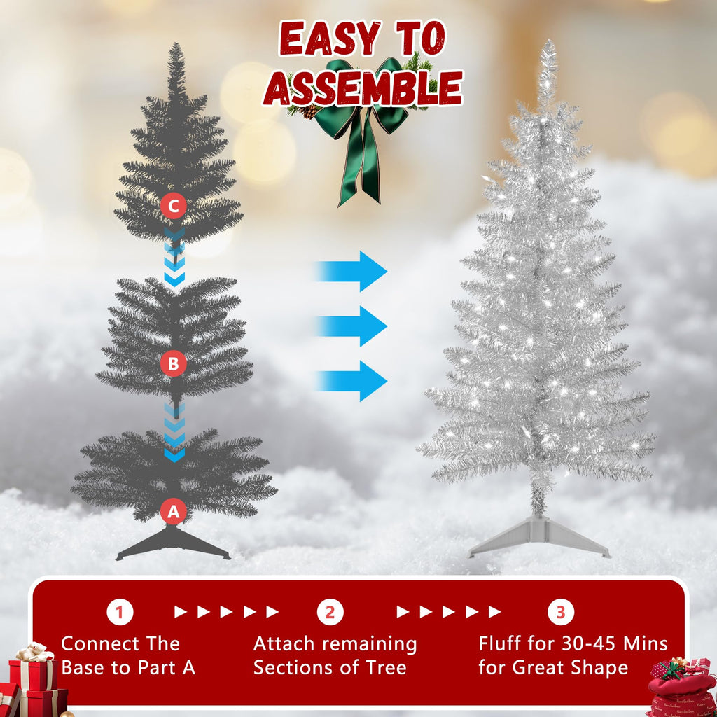 4ft Artificial Full Silver Christmas Tree with Separate Lights, Not Pre-lit Mini Silver Tinsel Pine Christmas Tree