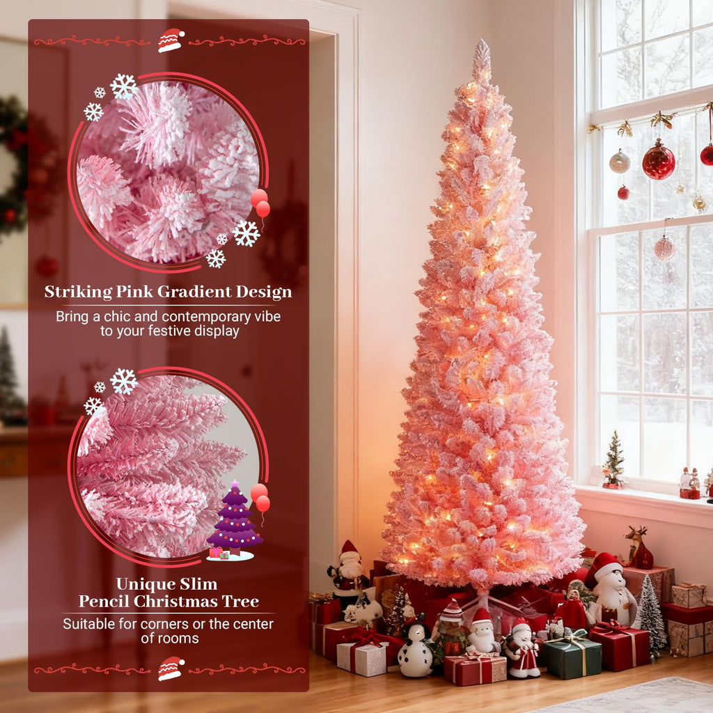 6ft Pink Flocked Christmas Tree, Pre-lit Slim Pencil Xmas Tree