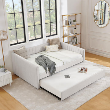 Daybed with Pop Up Trundle Bed, Modern Upholstered Linen Full Size Day Bed Frame with Stripes, Tufted Corner Sofa Bed