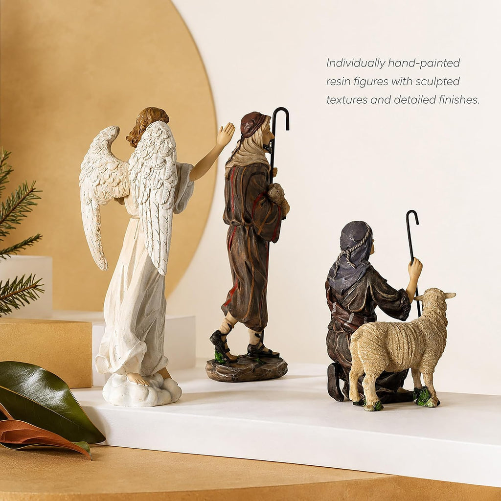 Kings Gifts Shepherds and Angel Nativity Add-On Set, 3-Piece Polystone Christmas Figures with Sheep Lamb, Flat Bottom