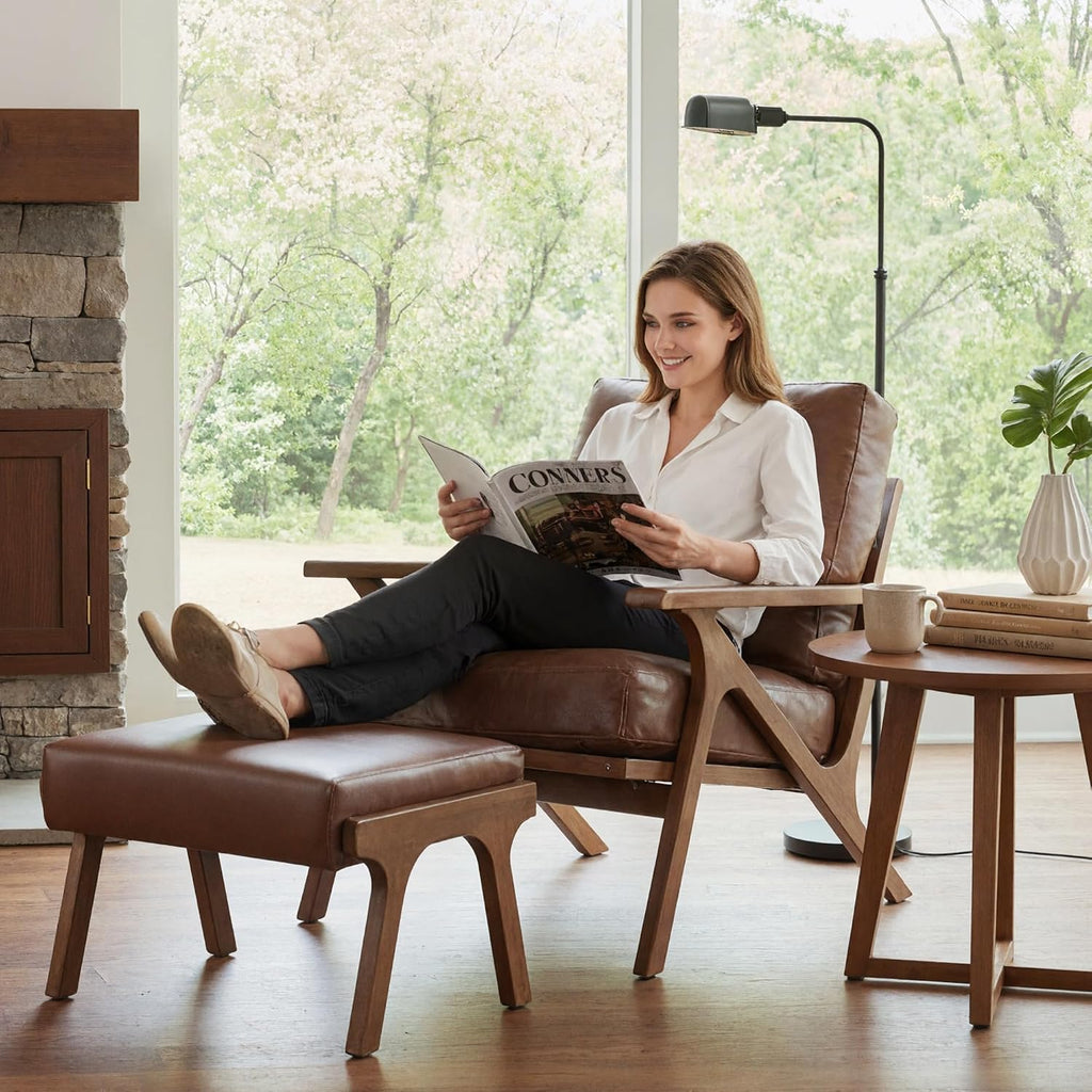 Mid-Century Modern Leather Accent Chair with Ottoman, Upholstered PU Leather Armchair with Solid Wood Frame, Comfy - Set of 2