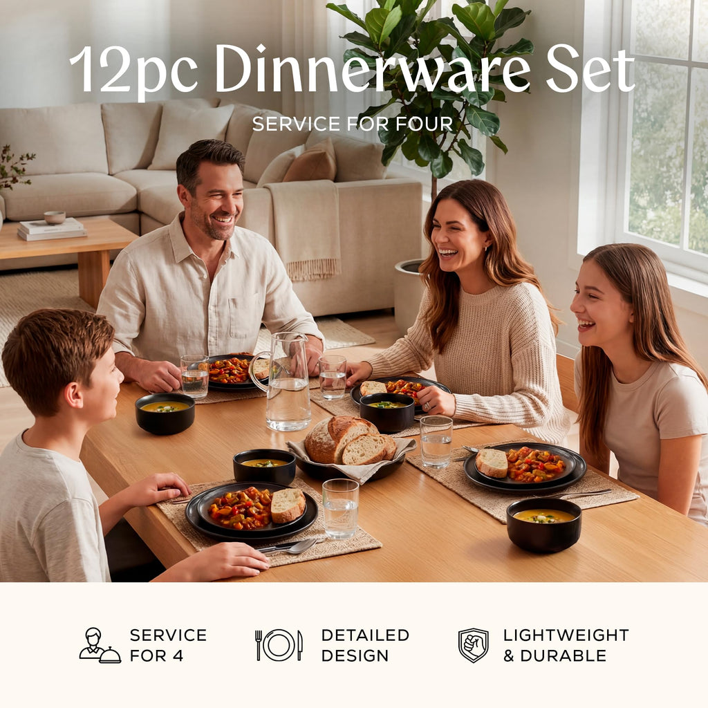 Durable Stoneware Dinnerware Set with Reactive Glaze Finish, 12-Piece, Ari Matt Black