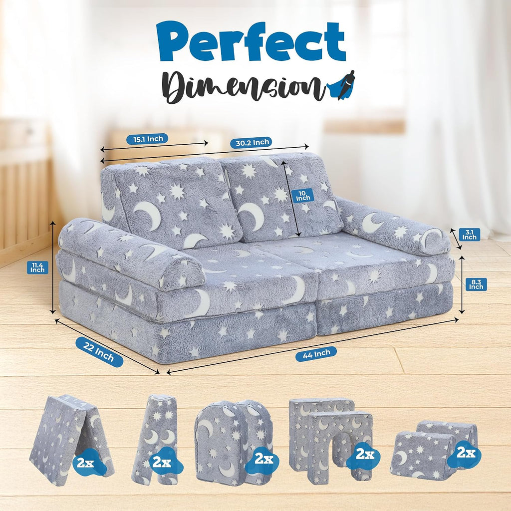 Seater Modular Kids Play Couch - 10pc Glow in the Dark Creative Kids Couch for Playroom, Living Room, and Bedroom