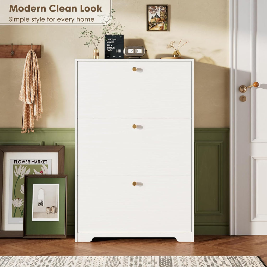 Shoe Cabinet with 3 Flip Drawers, Narrow Shoe Organizer Cabinet, Freestanding Shoe Rack Cabinet, Modern Shoe Storage