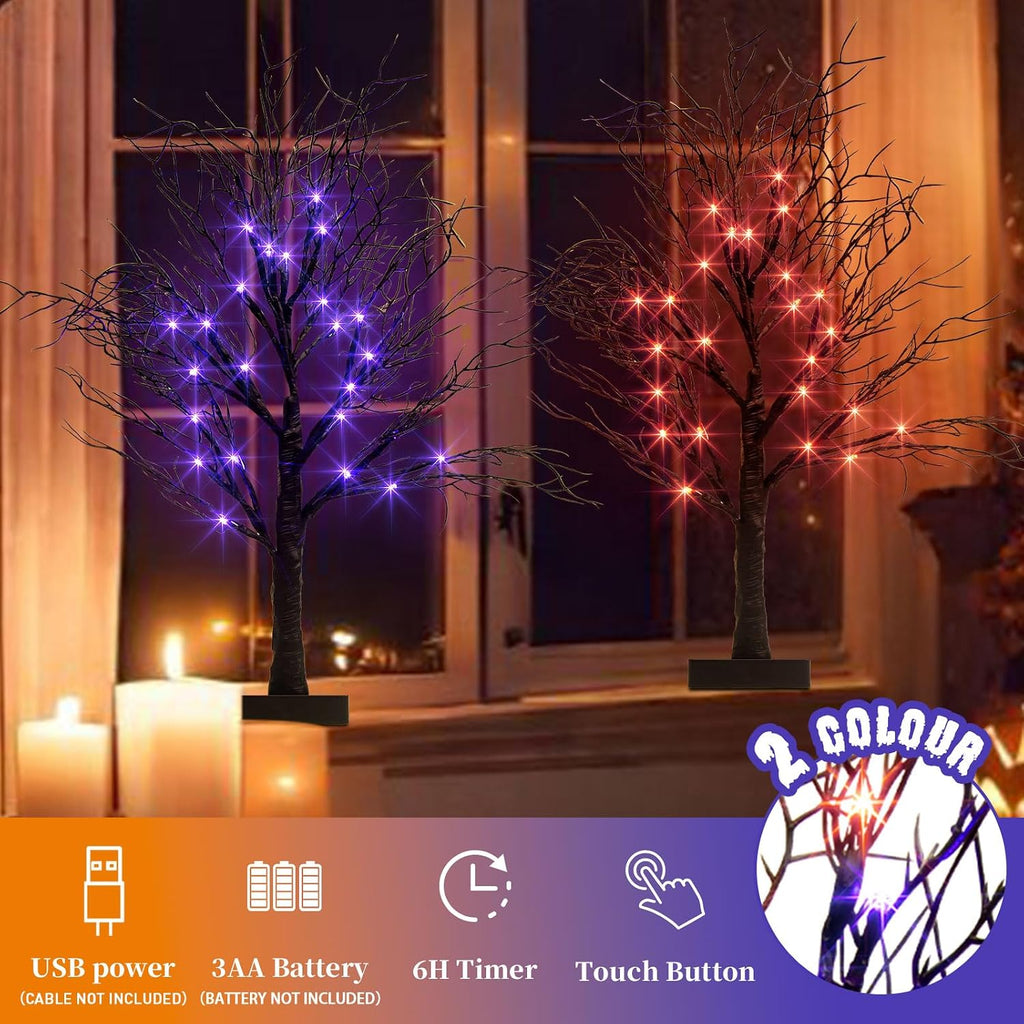 Halloween Tree, Black Tree with Orange Purple Bi-Color Led Lights 6 Functions, USB & Battery Operated Lighted - Set of 2