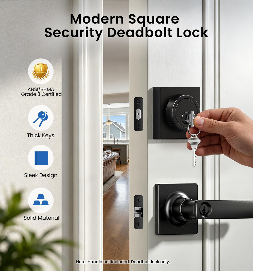 Modern Square Deadbolt, Matte Black Single Cylinder Door Lock ANSI 3