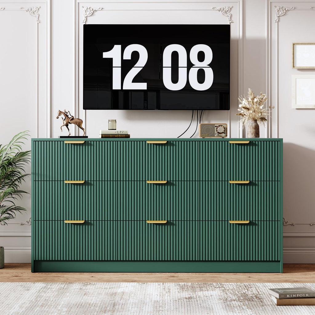 9 Drawers Dresser - Modern Fluted Double Chest of Drawers, Green