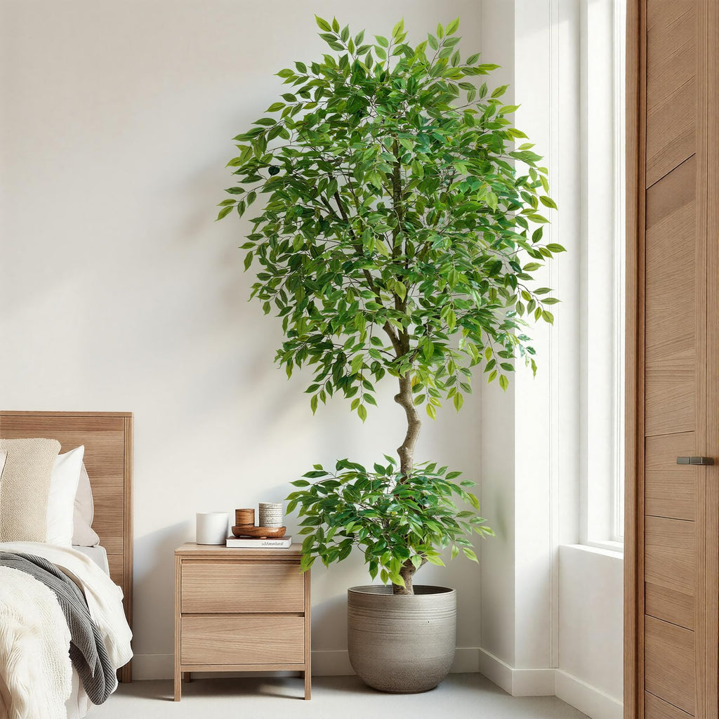 7ft Tall Ficus Artificial Trees with Double-Layered Canopy, Large Fake Floor Tree with Natural Curved Trunk, Lush