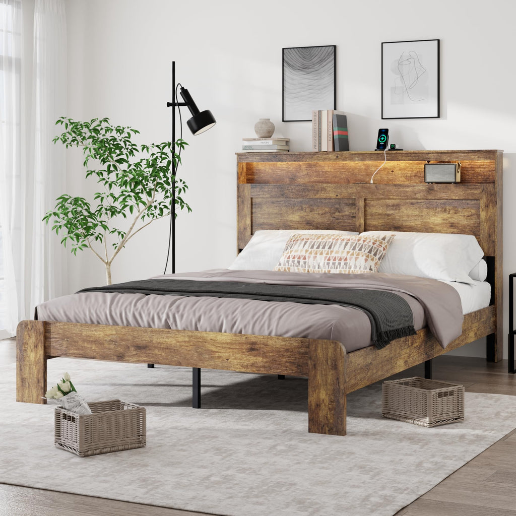 Queen Size Wooden Bed Frame with Headboard, Rustic Platform Bed Frame