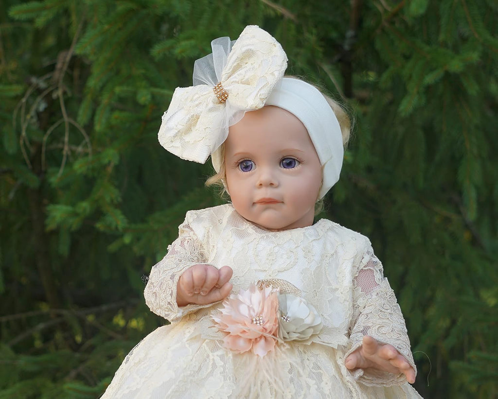 Newborn Baby Girl Lace Dress Set, 4 Pieces Outfit for Special Occasions (US, Age, 0 Months, Gold, Ivory (with Gift