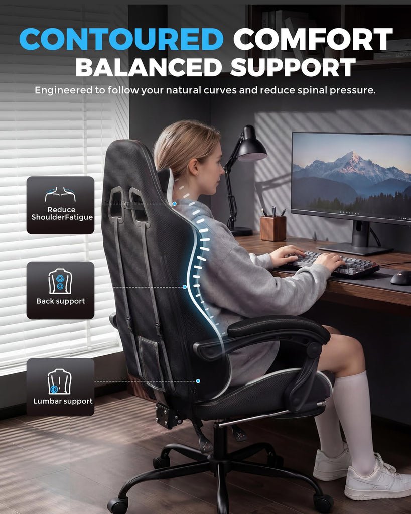 Gaming Chair Fabric with Pocket Spring Cushion, Computer Office Chair with Lumbar Support for Adults Linkage Armrests
