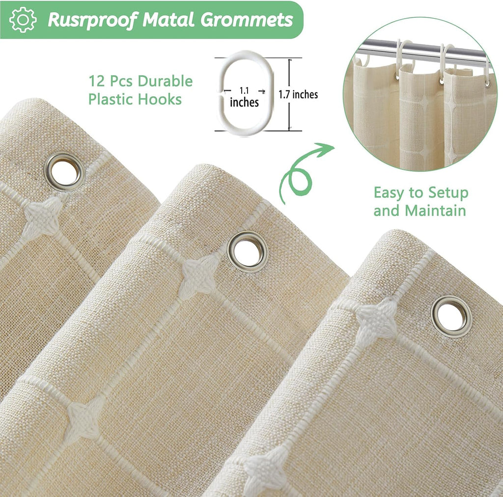 Linen Shower Curtain, Beige Boho Farmhouse Fabric Shower Curtains , Natural Waterproof Cloth Weighted Textured Modern