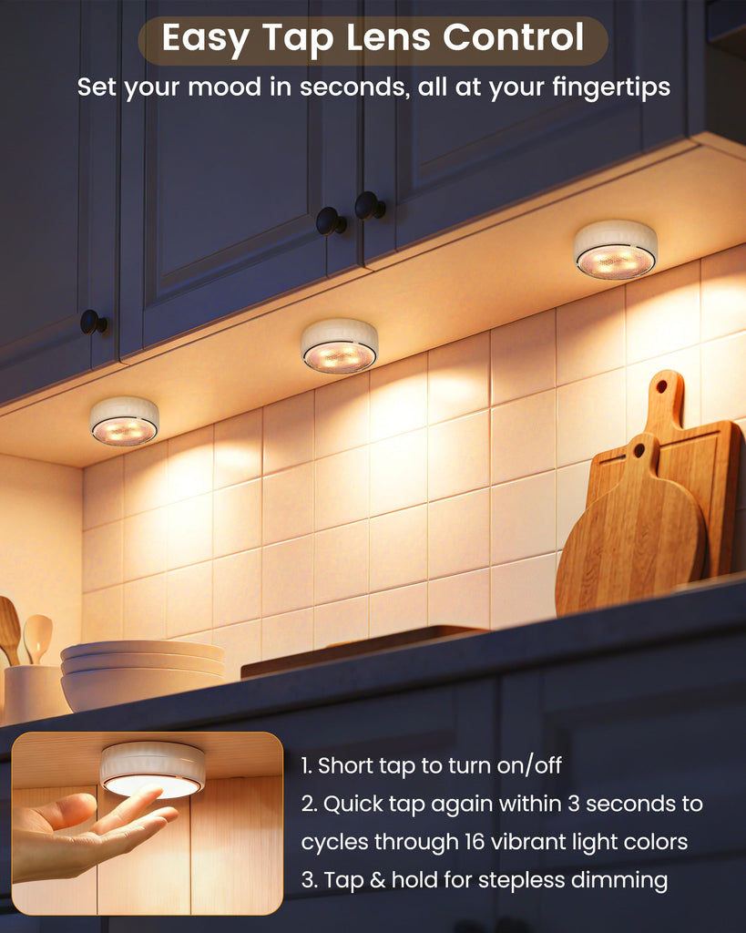 Puck Lights with Remote, 3 White Tones & 13 Colors, White-6 Pack