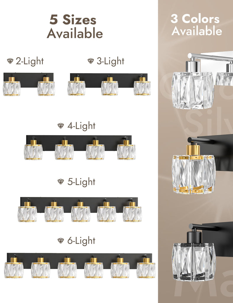 2-Light Crystal Bathroom Vanity Light Fixtures, Black and Gold