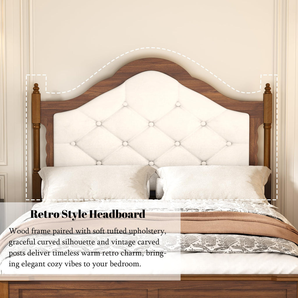 Vintage Platform Bed, Bed Frame with Upholstered Headboard