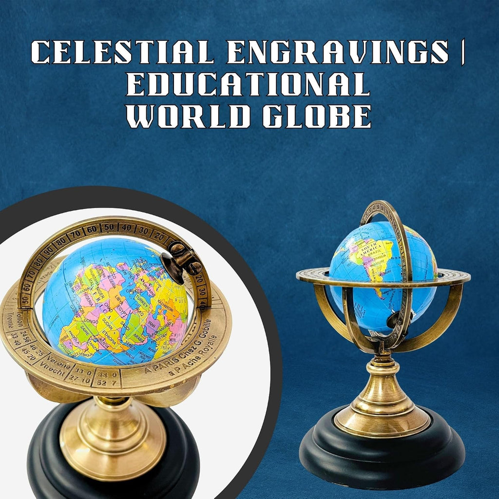 5.10" Nautical Brass Armillary Sphere World Globe with Aqua Blue Map, Jet Black Wooden Base - Elegant, Durable Decor