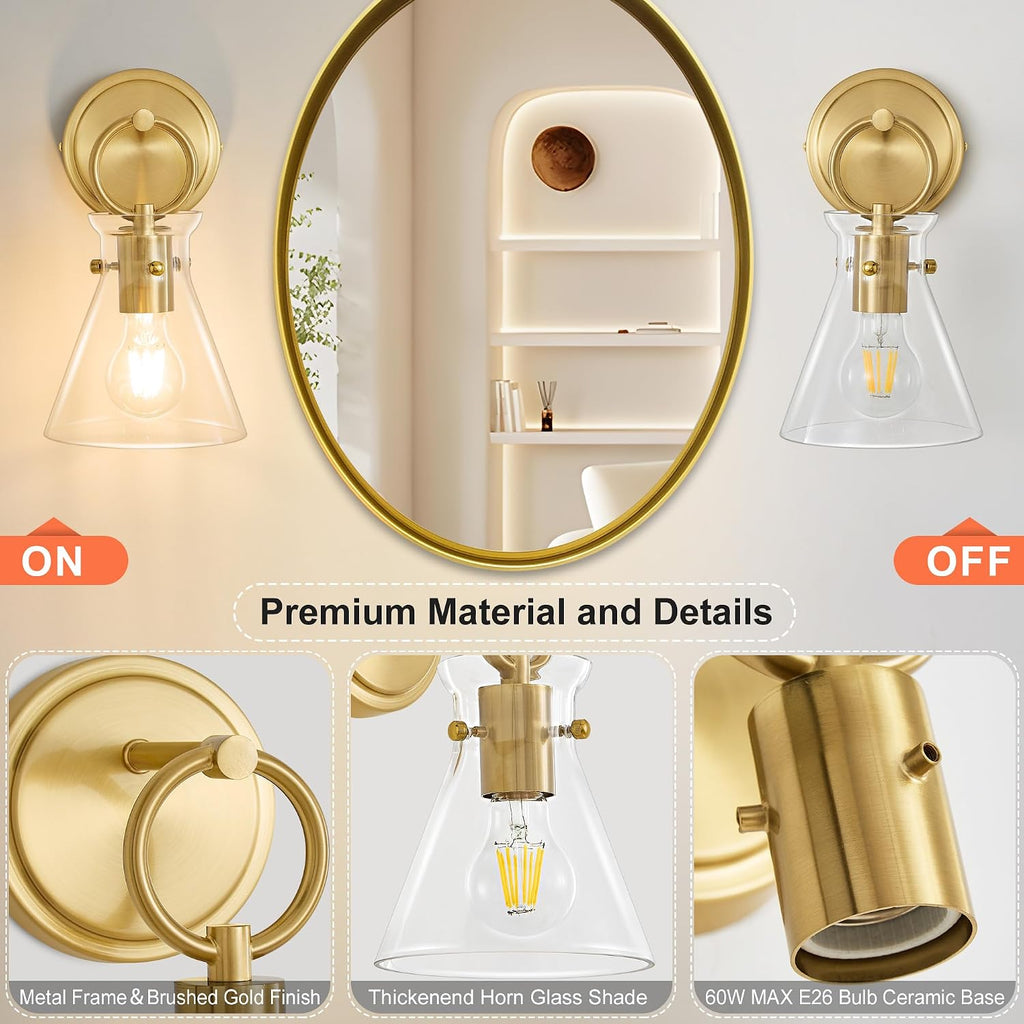 Gold Wall Sconces Set of 2 Modern Vanity Light Fixtures for Bathroom Wall Mount Lighting Lamp Hardwired Farmhouse