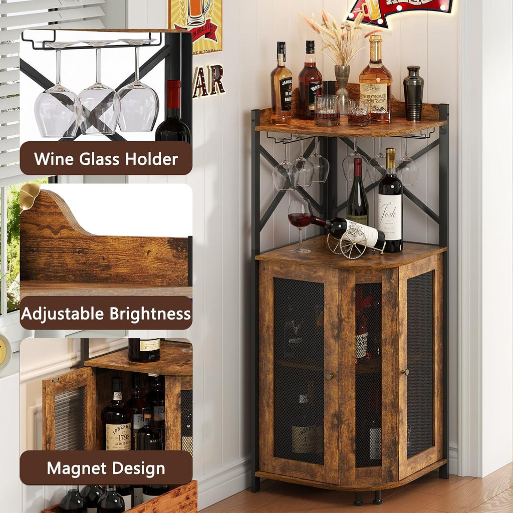 Corner Bar Cabinet with LED Lights,Industrial Wine Cabinet with Glass Holder,4-Tier Wine Cabinet with Door and